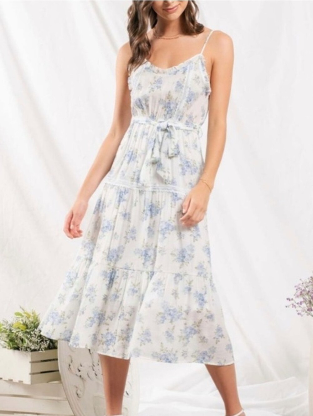 Cottagecore Blue Floral Lace Trim Midi Dress Tie Waist Coquette Prairie S